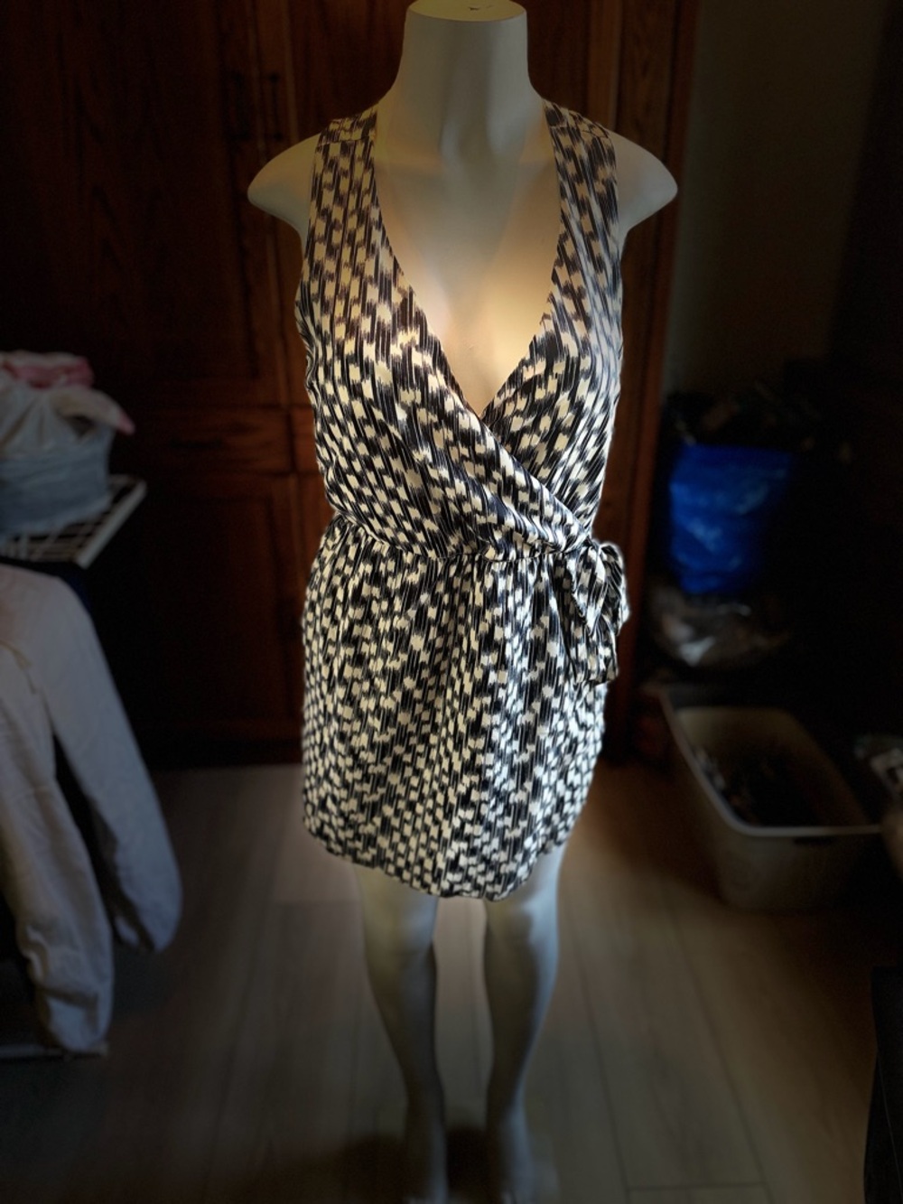 SK Navy and White Printed Wrap Dress with Tie Waist